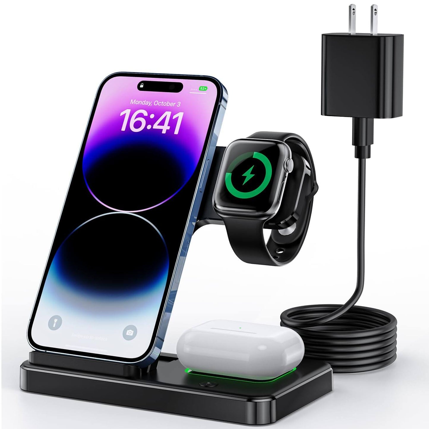 Indigotech 3-in-1 Wireless Charging Station for Apple – iPhone 8-15, AirPods 2/3/Pro & Apple Watch SE-8 (18W USB-C Charger Included)