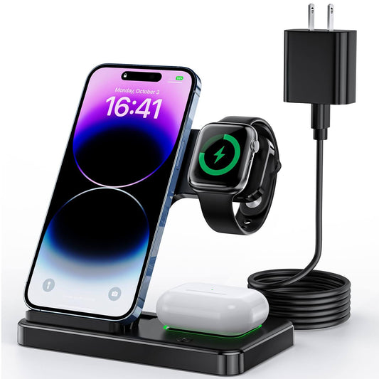 Indigotech 3-in-1 Wireless Charging Station for Apple – iPhone 8-15, AirPods 2/3/Pro & Apple Watch SE-8 (18W USB-C Charger Included)