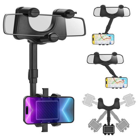 Rearview Mirror Phone Holder for Car – 360° Rotatable Retractable Mount for iPhone & Android (Fits 3–7 Inch Phones)